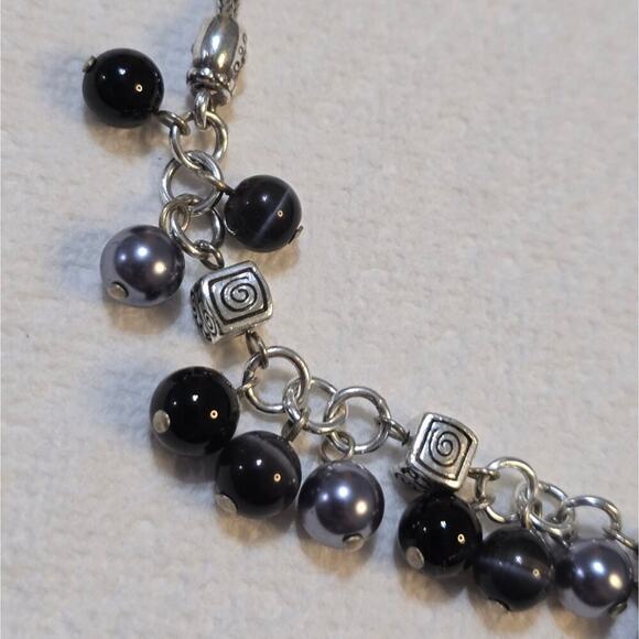 Dangling Bead Necklace Black Gray Silver Tone Chain Fashion Jewelry - Picture 6 of 9